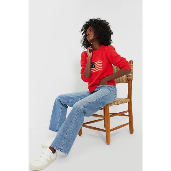 TUCKERNUCK Red Cropped Puff Sleeve Americana Sweater Size XXL NWT - Picture 4 of 6